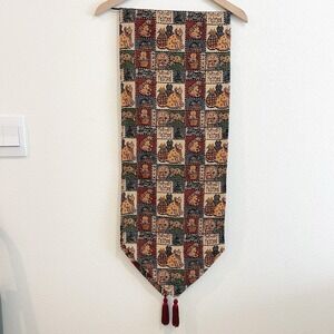 VTG Cat Feline Tapestry Table Runner Tassels 68" Friendly Felines Cottagecore